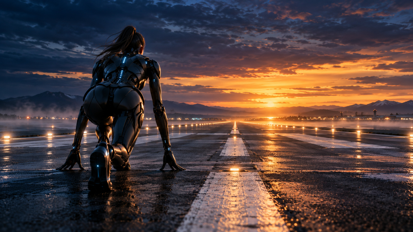 A female android poised to accelerate down an illuminated runway toward a golden horizon.