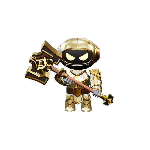 Alric, legendary H.A.L. in gold armor holding an axe